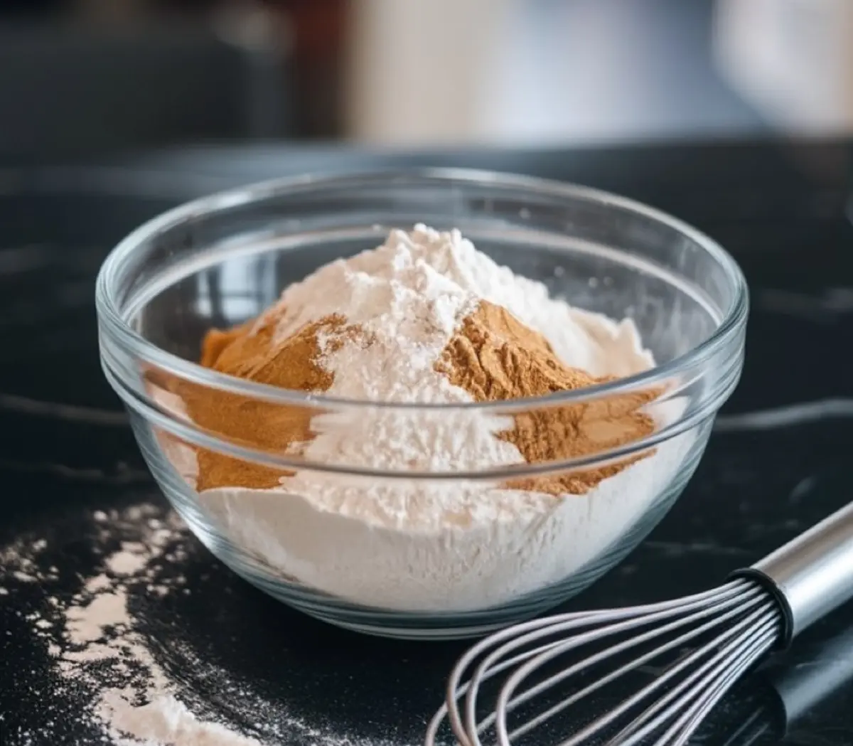 Glass bowl of flour mixed with spices like cinnamon, placed on a dark countertop with a whisk and scattered flour around.