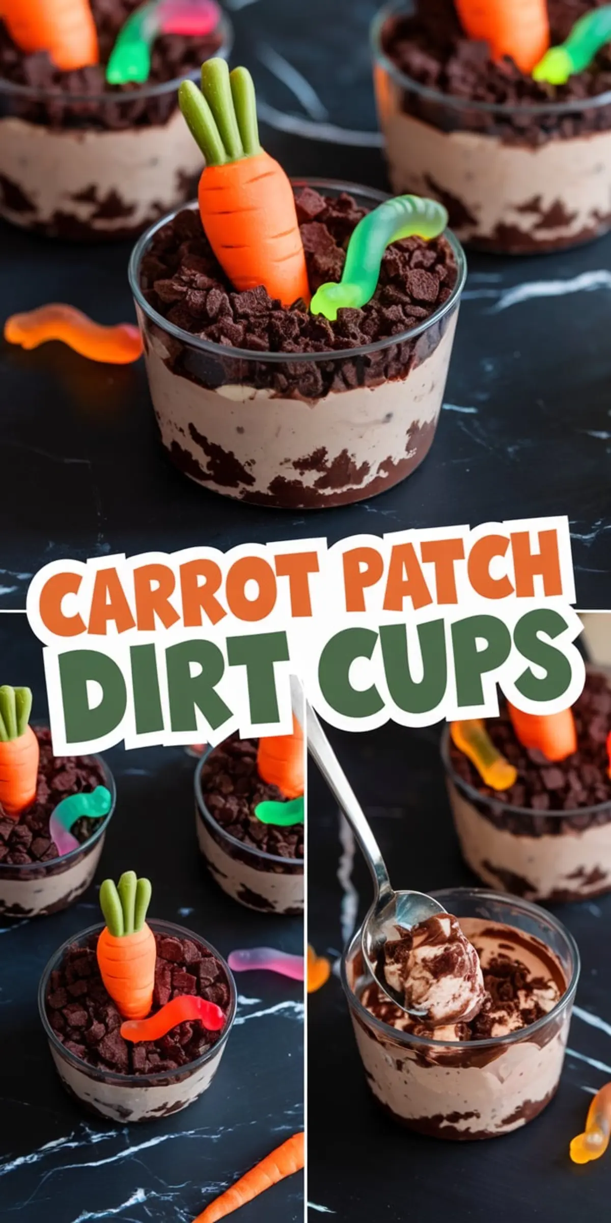 A collage of carrot patch dirt cups, featuring different angles of the chocolate pudding cups with crushed chocolate topping, candy carrots, and gummy worms. A spoon scoops into one of the cups, revealing the creamy layers beneath.