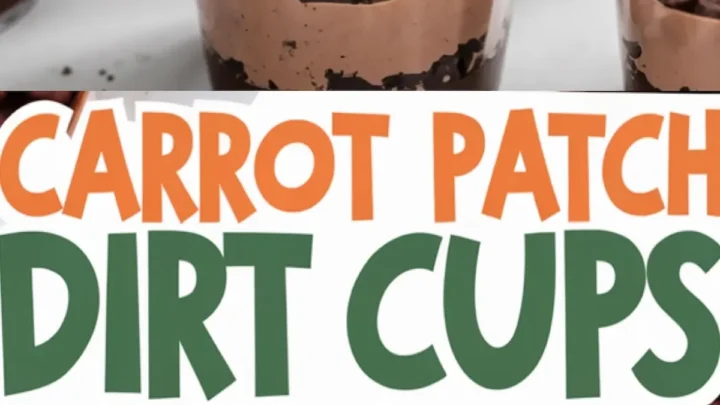 A collage of carrot patch dirt cups, showing chocolate pudding cups topped with crushed chocolate pieces, candy carrots, and gummy worms. The dessert is presented in clear cups, emphasizing the layered textures. A bold, playful text overlay reads “Carrot Patch Dirt Cups.”