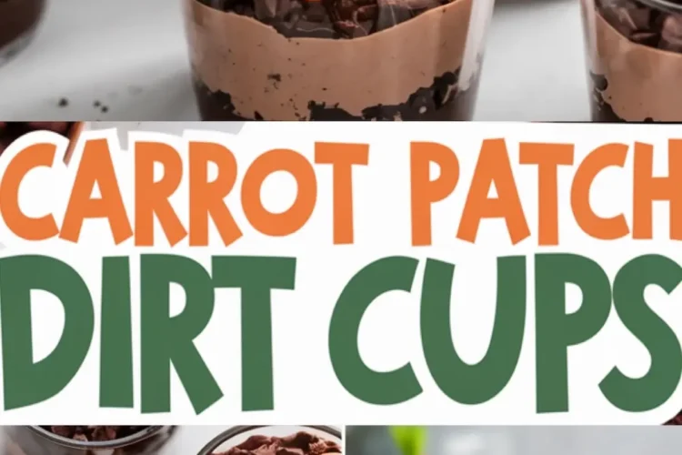 A collage of carrot patch dirt cups, showing chocolate pudding cups topped with crushed chocolate pieces, candy carrots, and gummy worms. The dessert is presented in clear cups, emphasizing the layered textures. A bold, playful text overlay reads “Carrot Patch Dirt Cups.”