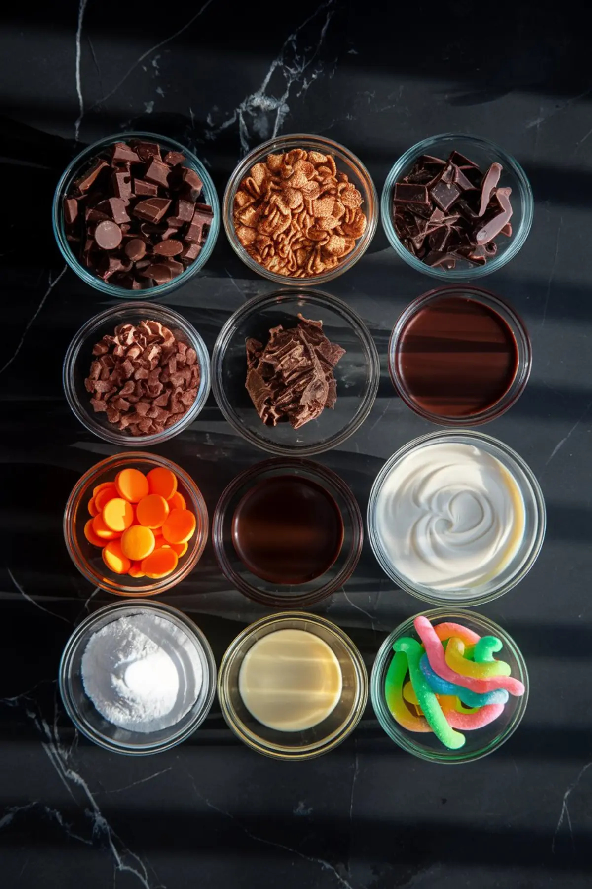 A flat lay of various ingredients in small glass bowls on a black marble surface. Ingredients include different types of chocolate chunks, cocoa powder, whipped cream, powdered sugar, orange candy melts, chocolate syrup, and colorful gummy worms.