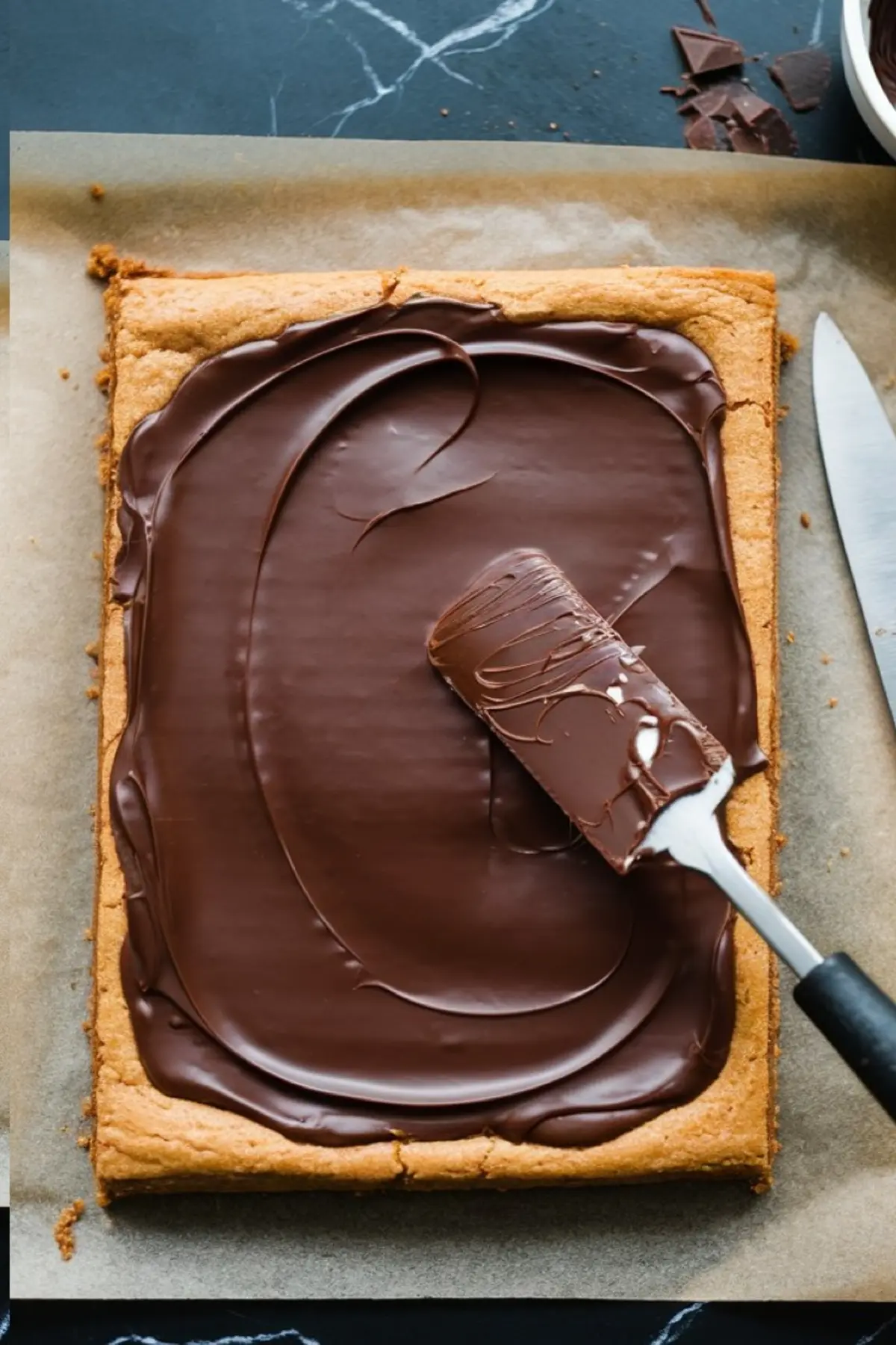 A large rectangular blondie layer with a glossy, evenly spread chocolate ganache. A spatula is being used to smooth out the chocolate. The parchment paper underneath provides a rustic touch.