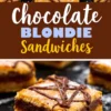 A collage highlighting chocolate blondie sandwiches. The top view shows neatly arranged blondie bars with a chocolate drizzle, while the close-up at the bottom focuses on a single square with a glossy chocolate filling. The dark background contrasts with the dessert’s golden hues. “Chocolate Blondie Sandwiches” is written in a bold and stylish font.