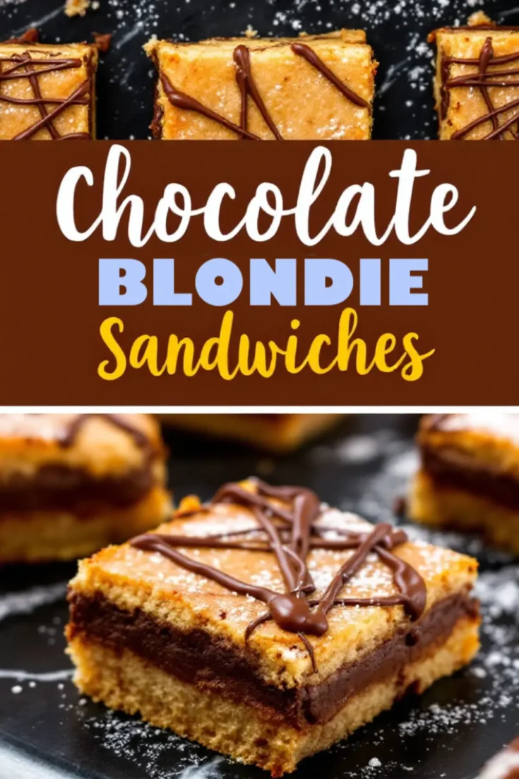 A collage highlighting chocolate blondie sandwiches. The top view shows neatly arranged blondie bars with a chocolate drizzle, while the close-up at the bottom focuses on a single square with a glossy chocolate filling. The dark background contrasts with the dessert’s golden hues. “Chocolate Blondie Sandwiches” is written in a bold and stylish font.