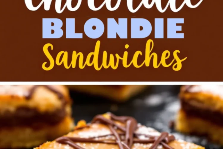 A collage highlighting chocolate blondie sandwiches. The top view shows neatly arranged blondie bars with a chocolate drizzle, while the close-up at the bottom focuses on a single square with a glossy chocolate filling. The dark background contrasts with the dessert’s golden hues. “Chocolate Blondie Sandwiches” is written in a bold and stylish font.