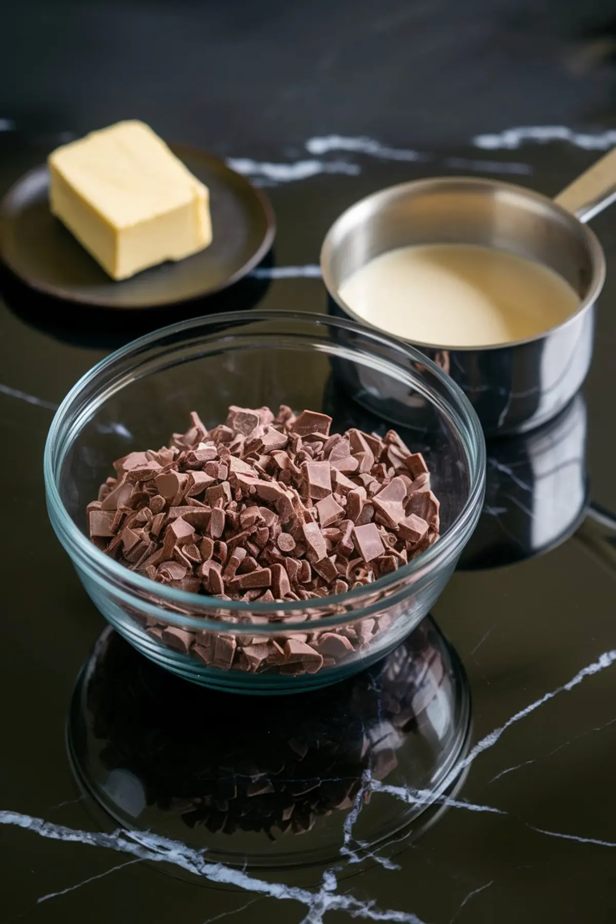A close-up of chocolate ganache ingredients on a black marble countertop. A glass bowl contains chopped chocolate, a saucepan holds heated cream, and a plate has a block of butter. The setup showcases the process of making a smooth chocolate filling.