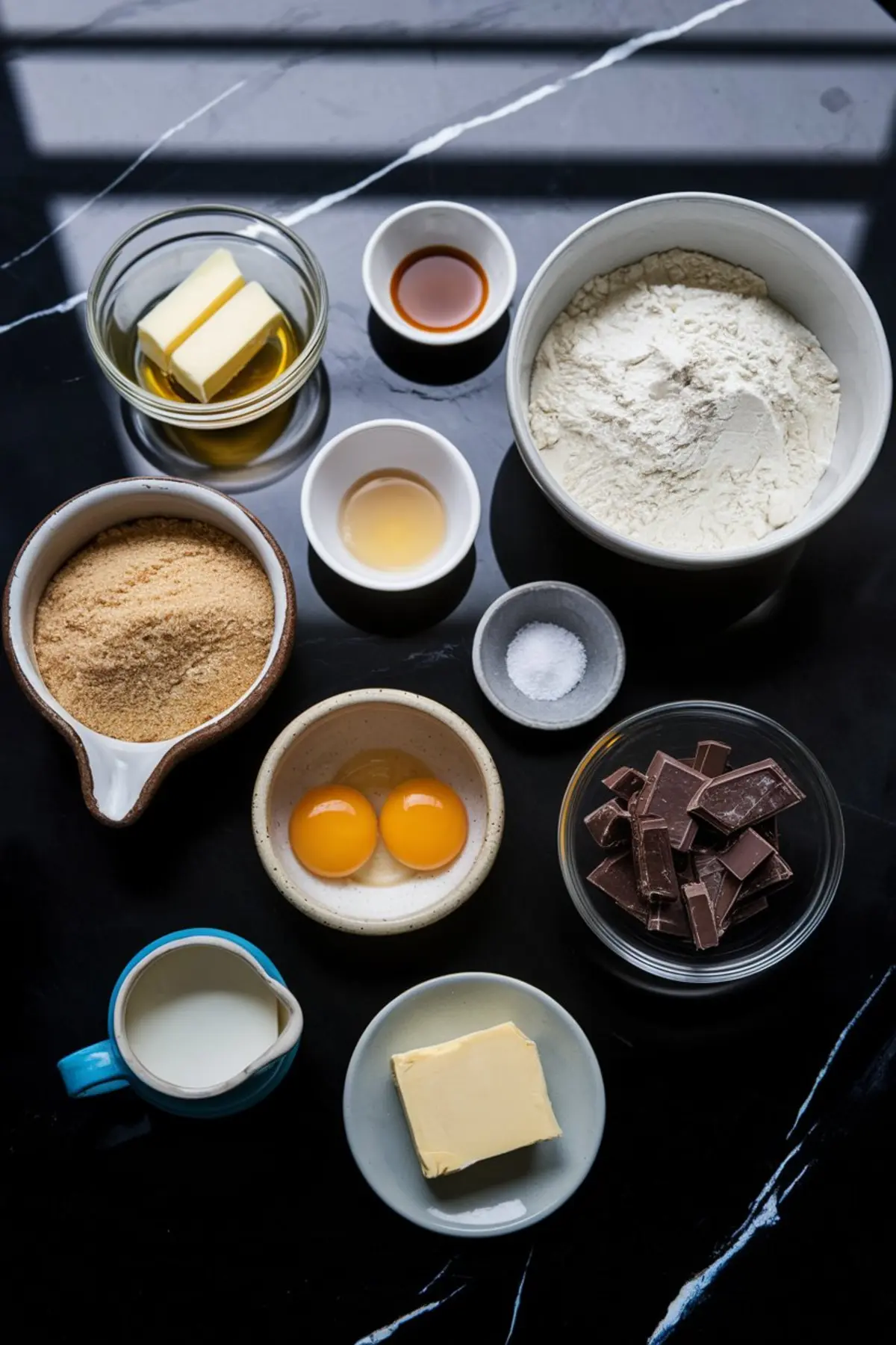 A flat-lay shot of baking ingredients arranged on a black marble surface. The ingredients include flour, sugar, butter, eggs, milk, vanilla extract, salt, and chopped chocolate, all in small bowls. The dark background creates contrast with the light-colored ingredients.