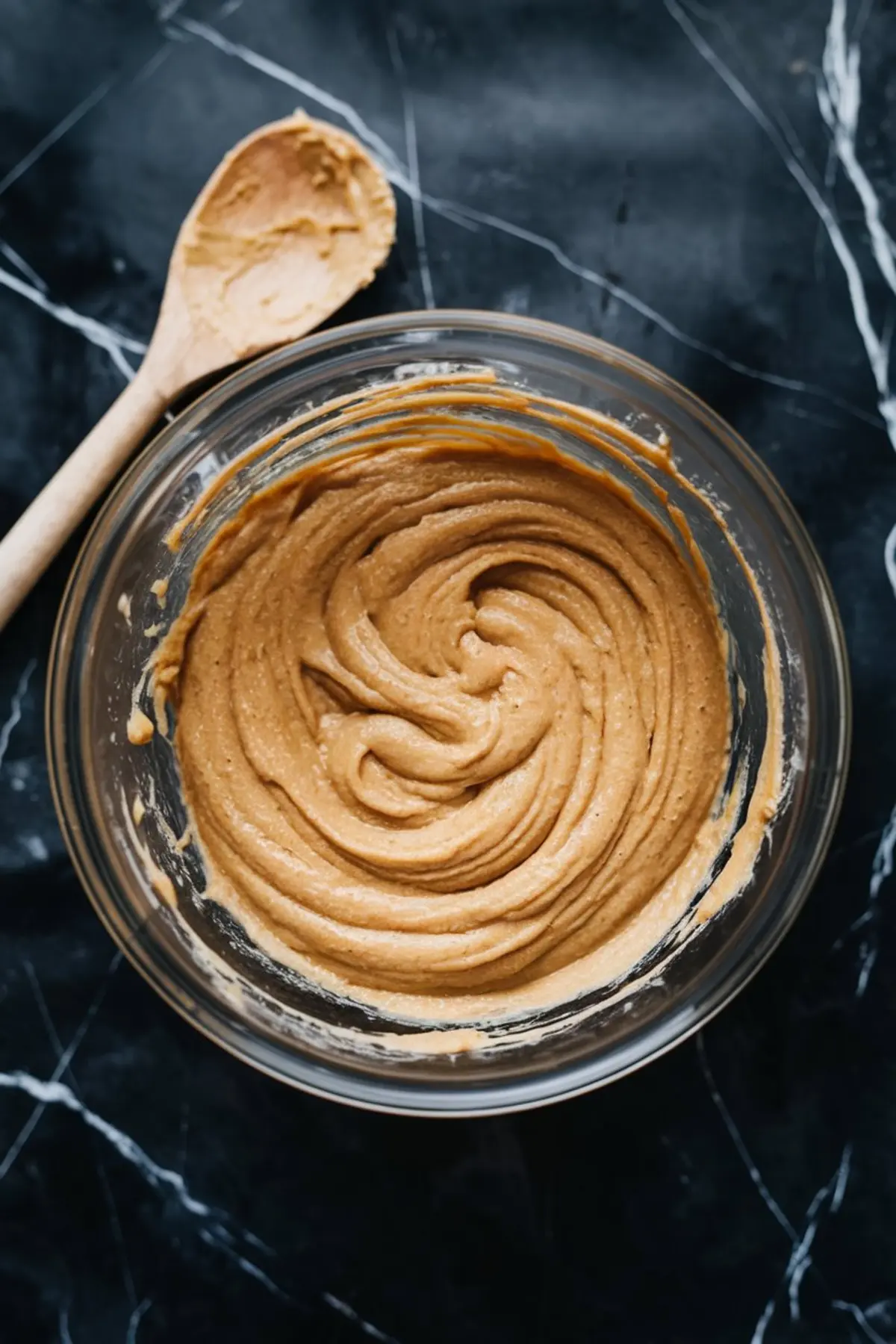 A glass mixing bowl filled with thick blondie batter, swirled smoothly. A wooden spoon rests on the side of the bowl, coated in batter. The black marble background enhances the warm golden tones of the batter.
