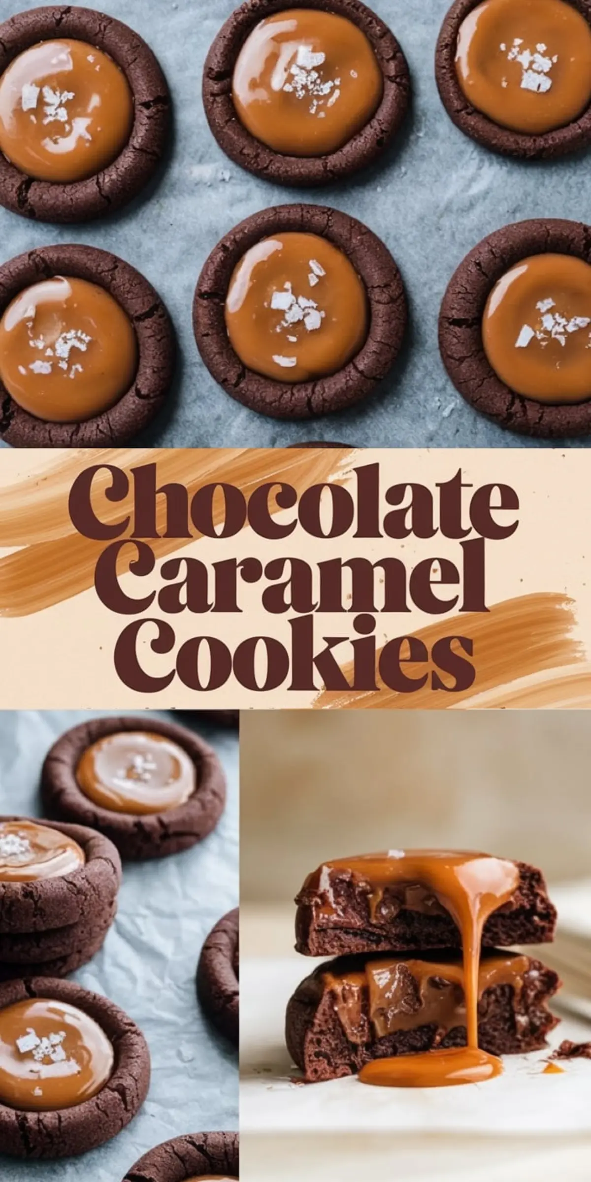 A collage featuring chocolate caramel cookies. The top image showcases cookies with a shiny caramel topping, while the bottom half includes a close-up of a cookie split in half, with caramel dripping from the center. The text overlay reads “Chocolate Caramel Cookies” in a stylish, textured font.