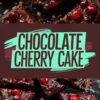 Collage of decadent chocolate cherry cake slices topped with glossy cherries, showcasing the rich chocolatey texture and vibrant red fruit.