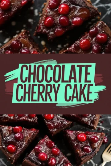 Collage of decadent chocolate cherry cake slices topped with glossy cherries, showcasing the rich chocolatey texture and vibrant red fruit.