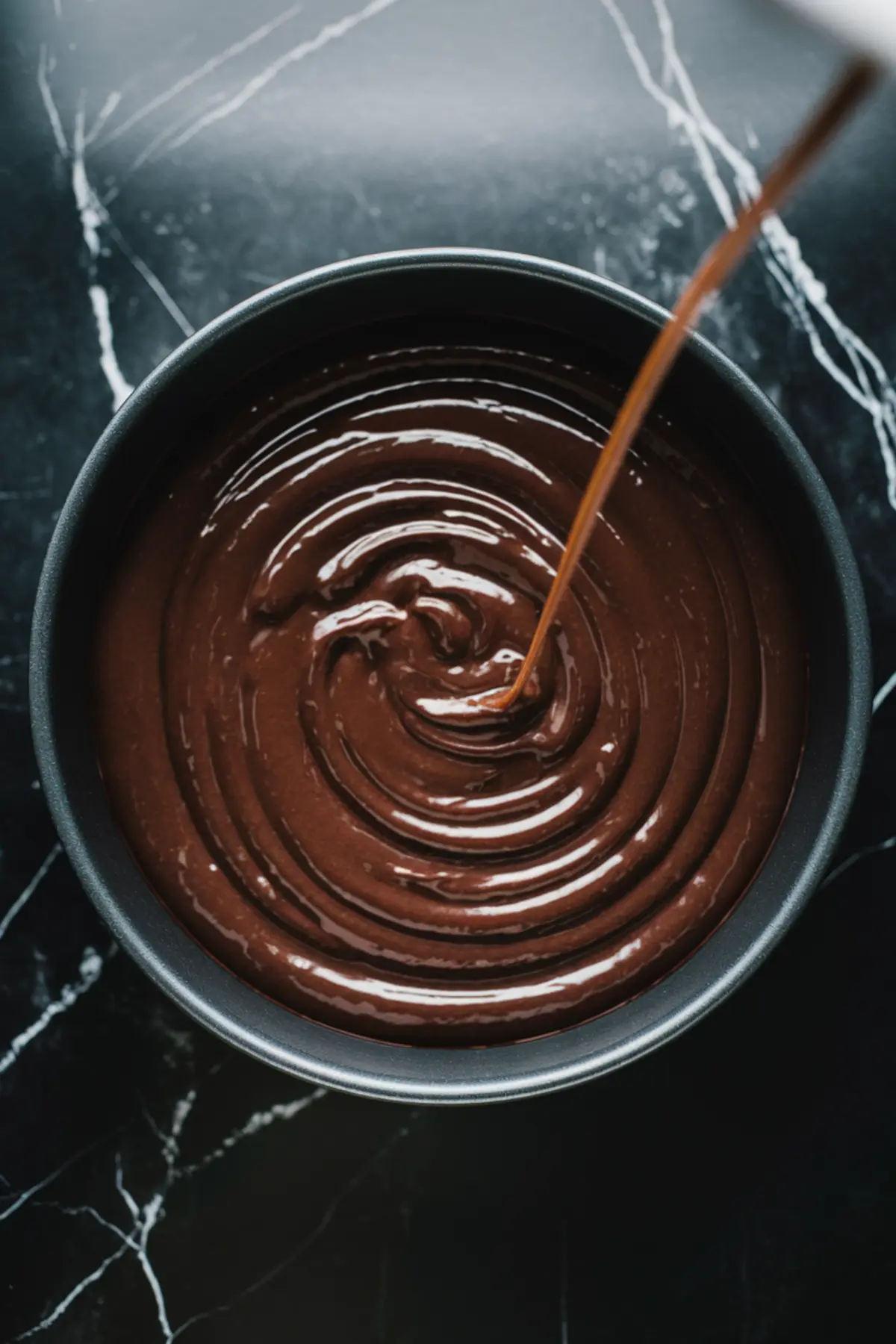 Thick chocolate cake batter being poured into a round baking pan on a black marble countertop, creating swirling patterns.