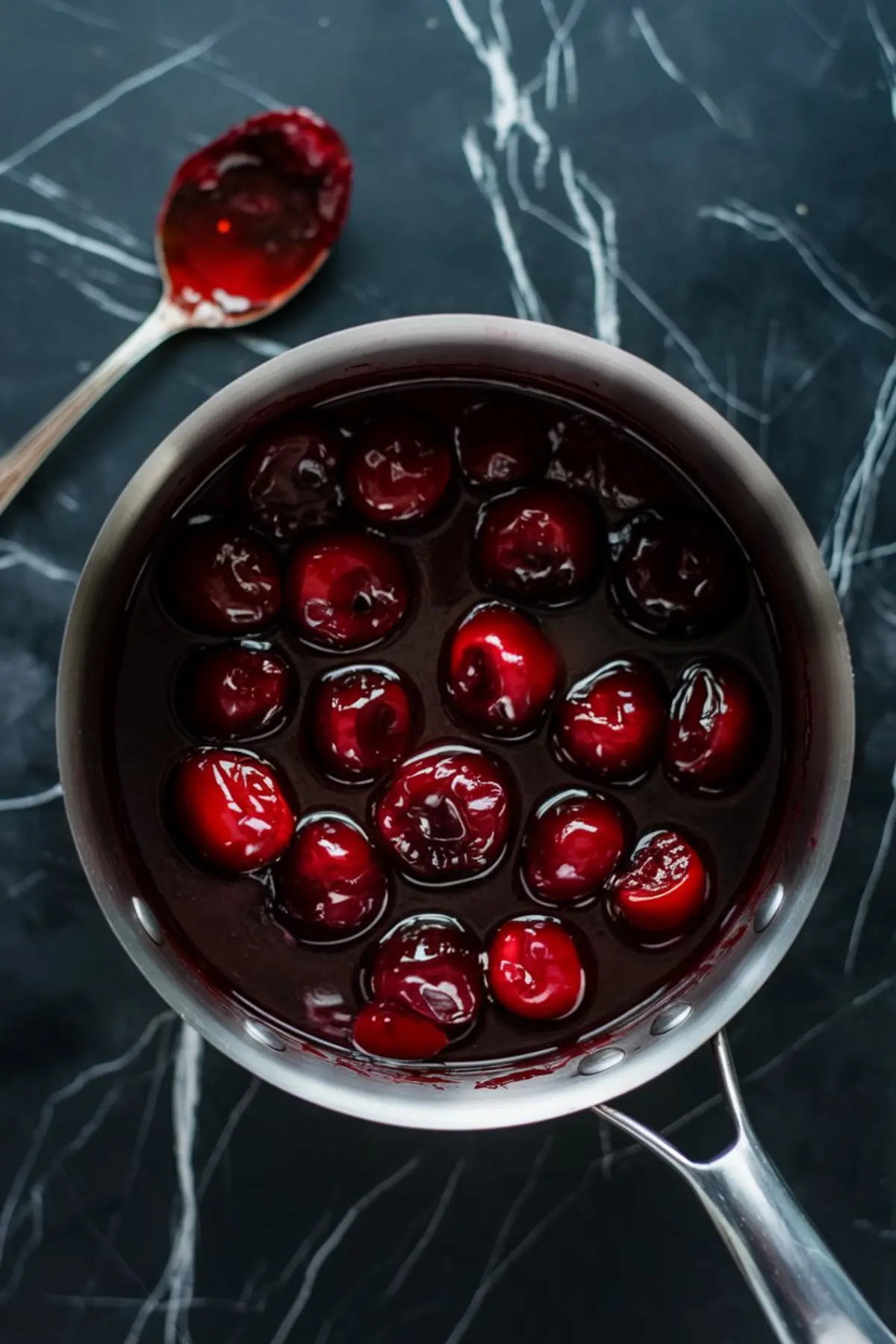 Pot of glistening cherries in a rich cherry sauce on a dark marble surface, with a spoon covered in cherry compote nearby.