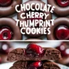 Chocolate cherry thumbprint cookies neatly placed on a baking sheet. The cookies have a deep chocolate color with a vibrant cherry filling in the center. The bottom half of the image shows a cookie broken in half, highlighting its rich, fudgy texture. Text overlay reads “Chocolate Cherry Thumbprint Cookies.”