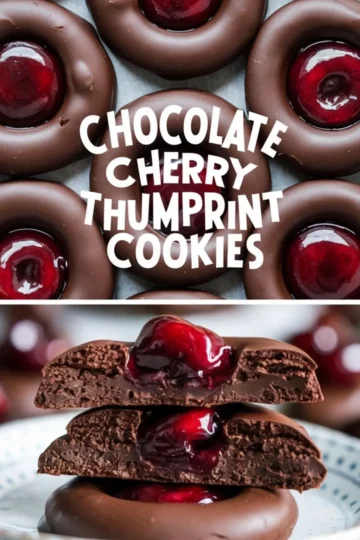 Chocolate cherry thumbprint cookies neatly placed on a baking sheet. The cookies have a deep chocolate color with a vibrant cherry filling in the center. The bottom half of the image shows a cookie broken in half, highlighting its rich, fudgy texture. Text overlay reads “Chocolate Cherry Thumbprint Cookies.”