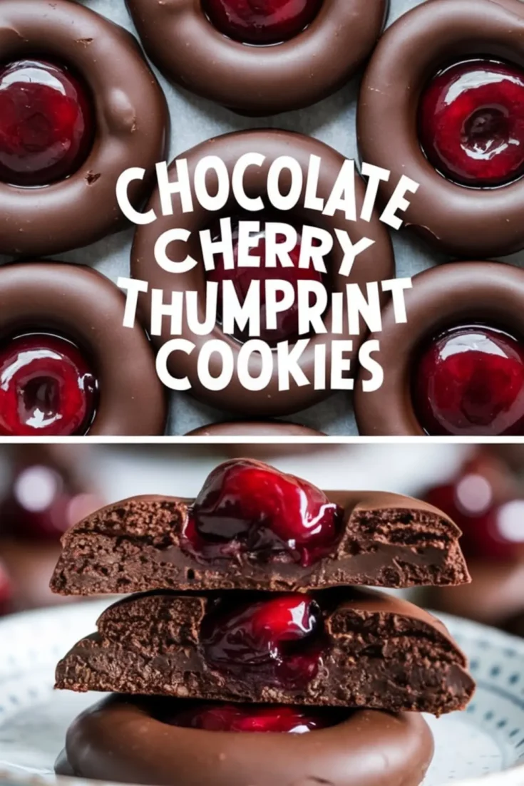 Chocolate cherry thumbprint cookies neatly placed on a baking sheet. The cookies have a deep chocolate color with a vibrant cherry filling in the center. The bottom half of the image shows a cookie broken in half, highlighting its rich, fudgy texture. Text overlay reads “Chocolate Cherry Thumbprint Cookies.”