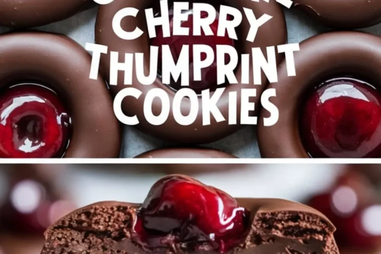 Chocolate cherry thumbprint cookies neatly placed on a baking sheet. The cookies have a deep chocolate color with a vibrant cherry filling in the center. The bottom half of the image shows a cookie broken in half, highlighting its rich, fudgy texture. Text overlay reads “Chocolate Cherry Thumbprint Cookies.”