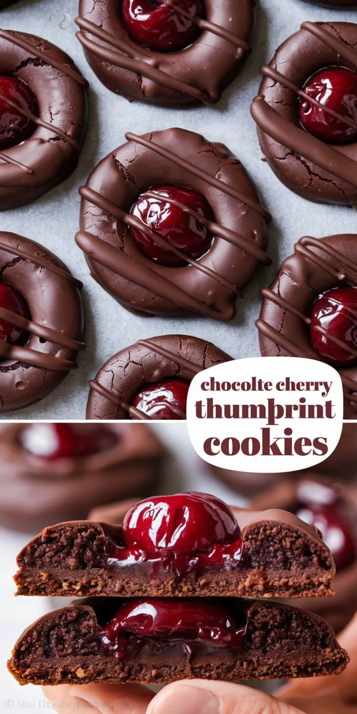 Close-up of chocolate cherry thumbprint cookies arranged on parchment paper. Each cookie has a soft chocolate base, a glossy cherry filling, and a drizzle of melted chocolate. A split cookie reveals the gooey cherry center. Text overlay reads “Chocolate Cherry Thumbprint Cookies.”