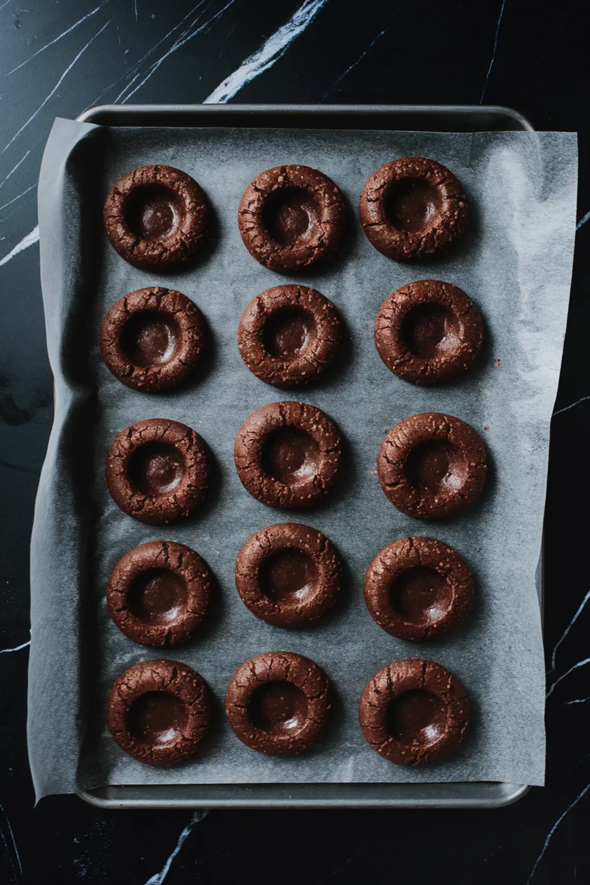 A baking sheet lined with parchment paper, holding freshly baked chocolate thumbprint cookies before filling. The cookies have a deep brown color with a defined indentation in the center. The dark marble countertop contrasts with the light parchment paper.
