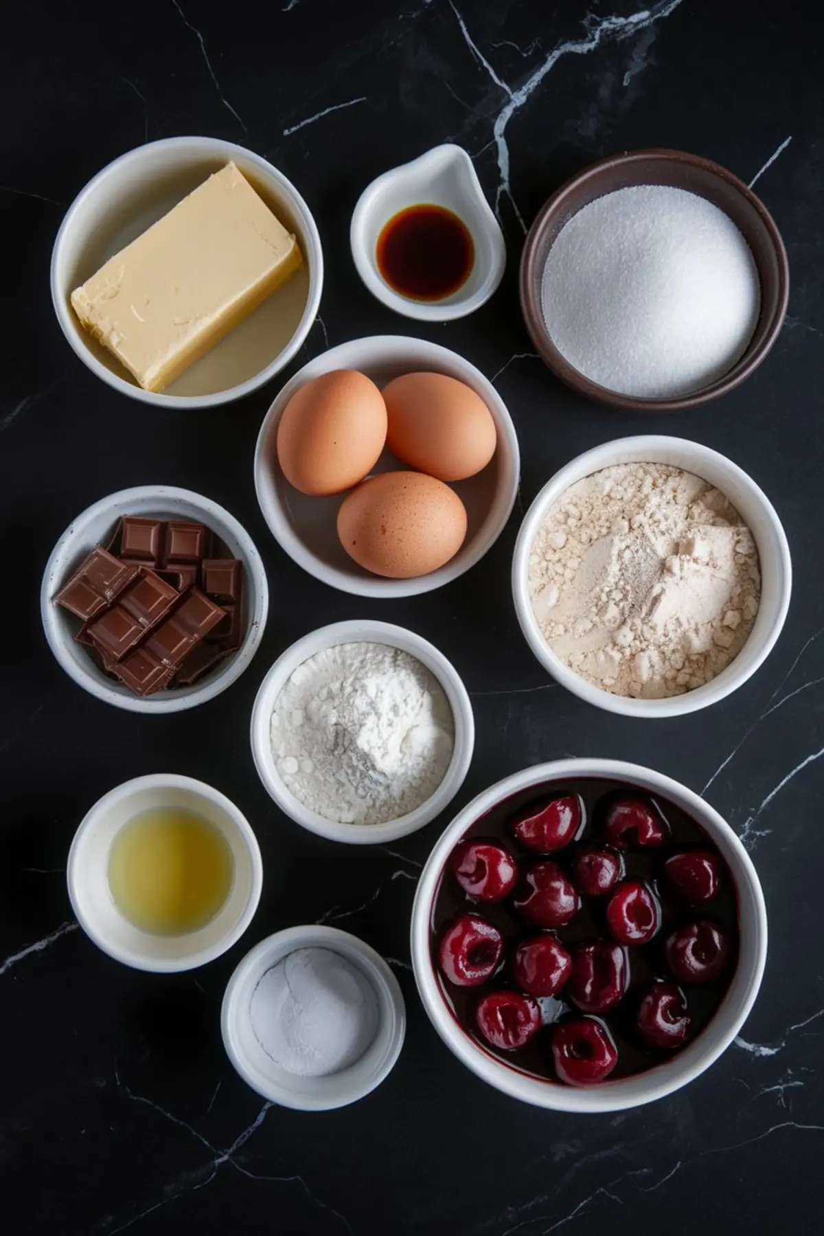 A flat lay of ingredients for making chocolate cherry thumbprint cookies. Ingredients include butter, eggs, flour, sugar, baking powder, vanilla extract, melted chocolate, and a bowl of glossy red cherries. The dark marble background enhances the colors of the ingredients.