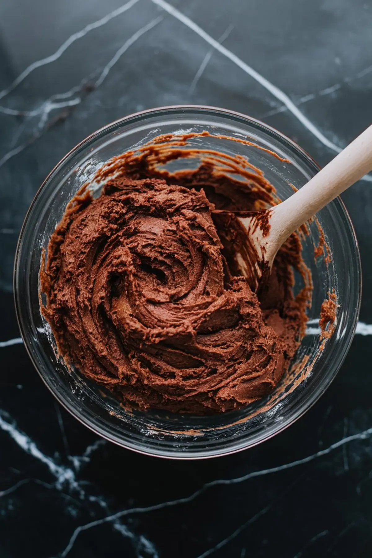 A glass mixing bowl filled with thick, rich chocolate cookie dough. A wooden spoon is partially submerged, showing the dough’s smooth and creamy texture. The bowl sits on a dark marble surface.