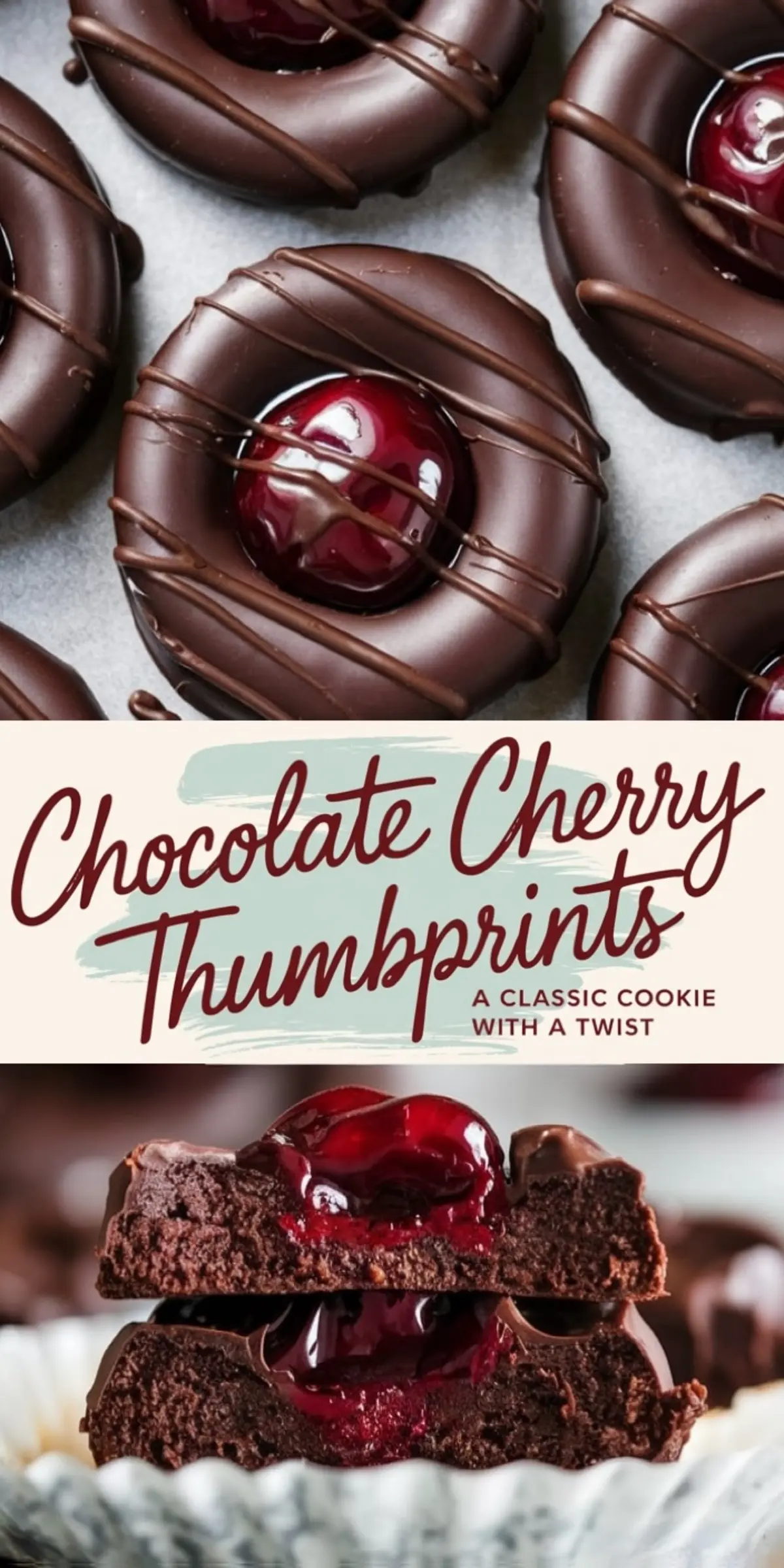 Chocolate cherry thumbprint cookies on a parchment-lined surface. The cookies have a glossy chocolate drizzle and a vibrant cherry center. A split cookie at the bottom reveals a rich, gooey cherry filling. Text overlay reads “Chocolate Cherry Thumbprints – A Classic Cookie with a Twist.”