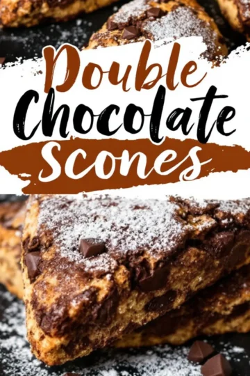 A collage of two images showing double chocolate scones with a rich, dark brown color, packed with melted chocolate chunks and dusted with powdered sugar. A bold text overlay reads “Double Chocolate Scones.”