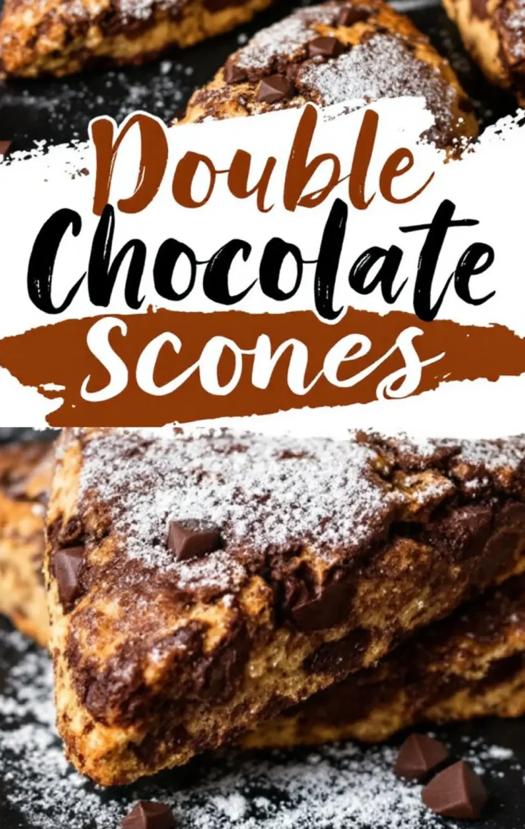 A collage of two images showing double chocolate scones with a rich, dark brown color, packed with melted chocolate chunks and dusted with powdered sugar. A bold text overlay reads “Double Chocolate Scones.”