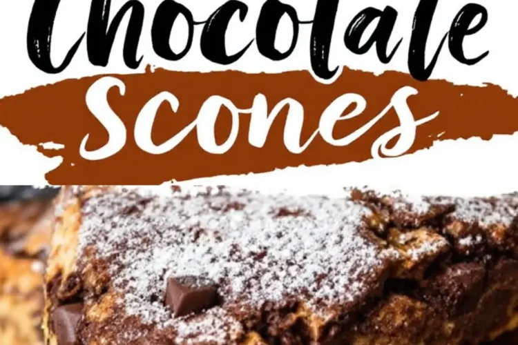 A collage of two images showing double chocolate scones with a rich, dark brown color, packed with melted chocolate chunks and dusted with powdered sugar. A bold text overlay reads “Double Chocolate Scones.”