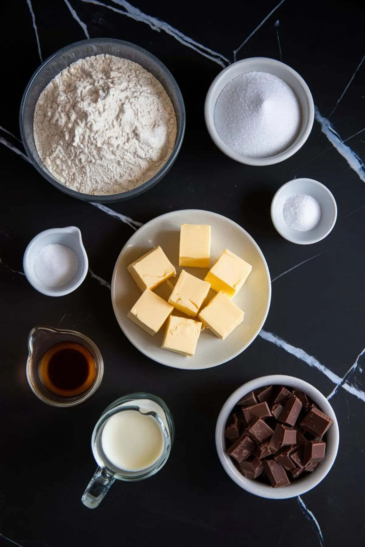 A flat-lay view of baking ingredients on a dark marble background, including flour, sugar, salt, butter cubes, vanilla extract, milk, and chocolate chunks, arranged in bowls and plates.
