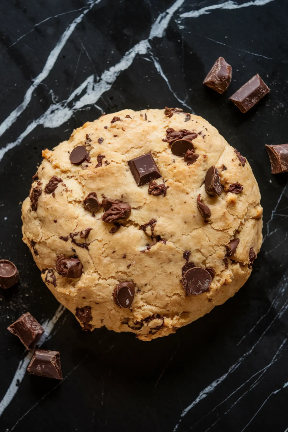 A large, golden-brown chocolate chunk scone with a slightly cracked surface, studded with melted chocolate pieces and chunks. The scone sits on a dark marble surface with scattered chocolate pieces around it.