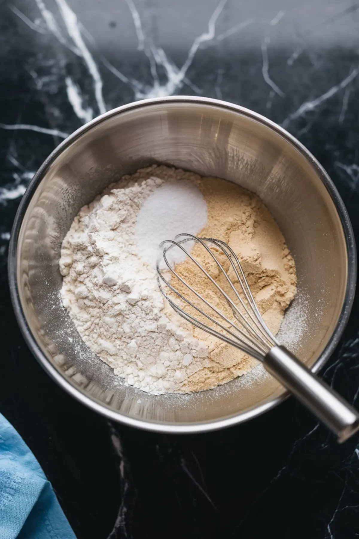A mixing bowl containing flour, sugar, and dry ingredients with a metal whisk partially submerged. The dark marble background contrasts with the light, powdery ingredients.