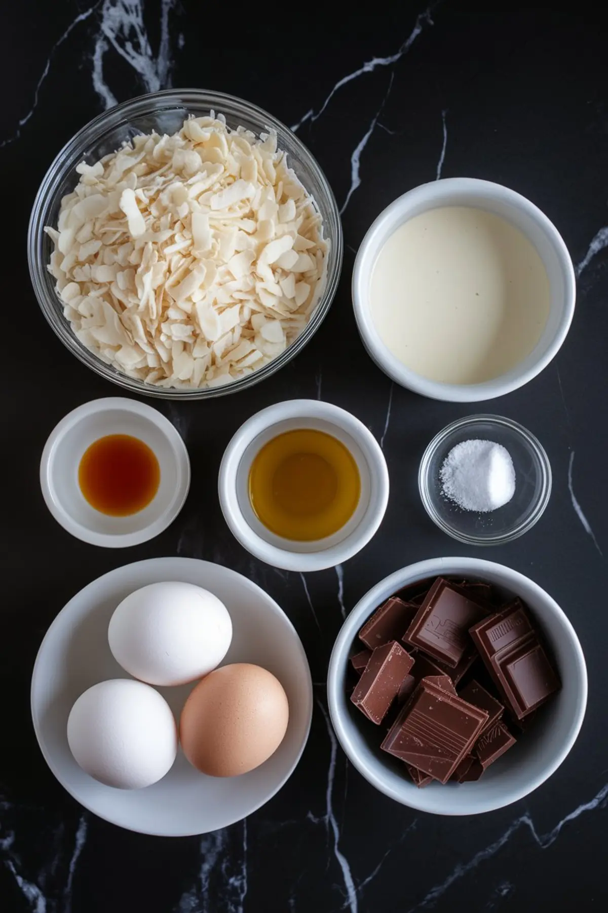 Flat lay of baking ingredients on a black marble countertop, including shredded coconut in a glass bowl, eggs, chocolate chunks, vanilla extract, sweetened condensed milk, honey, and salt in white ceramic dishes.