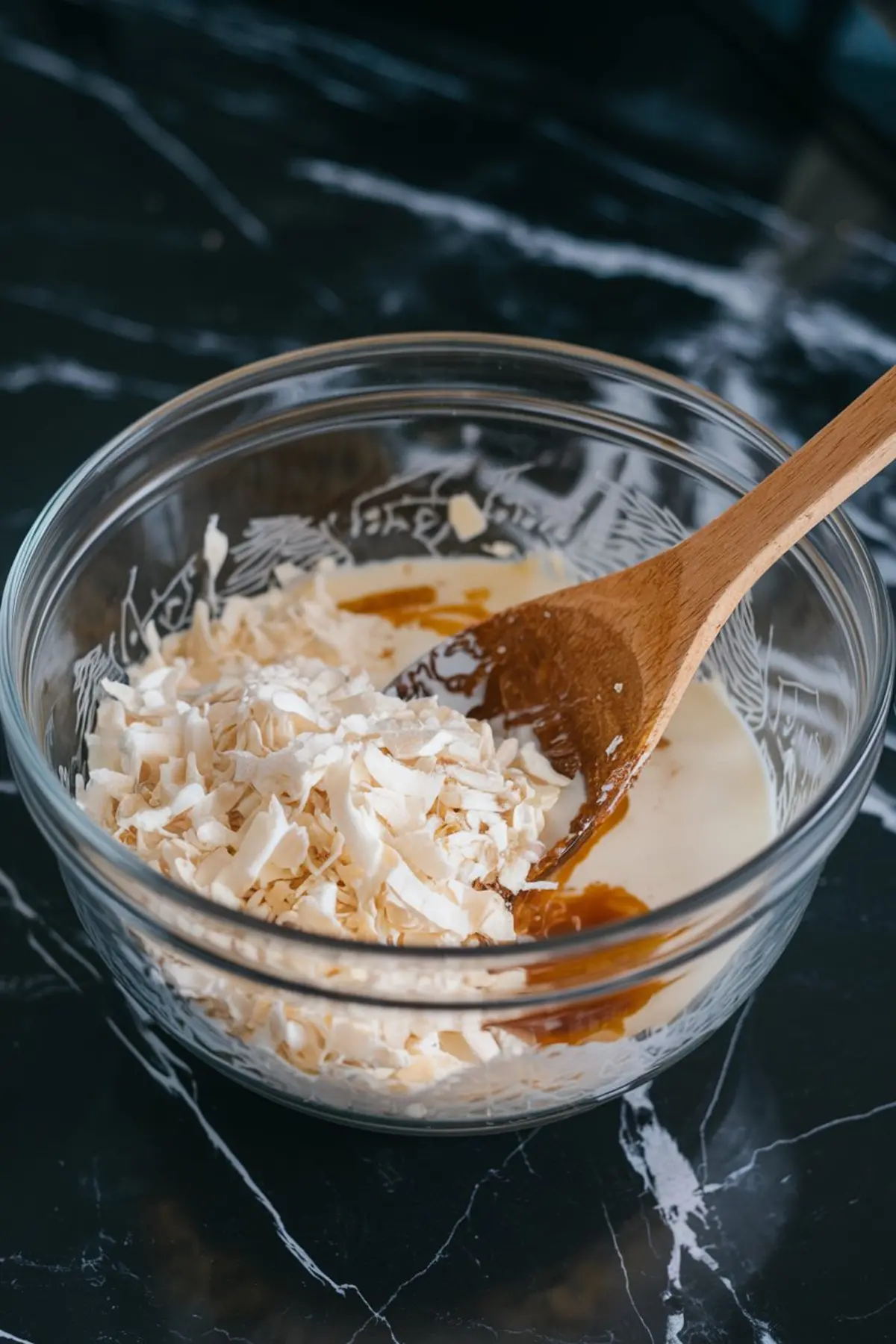 Mixing shredded coconut, sweetened condensed milk, vanilla extract, and honey in a clear glass bowl with a wooden spoon on a black marble countertop.