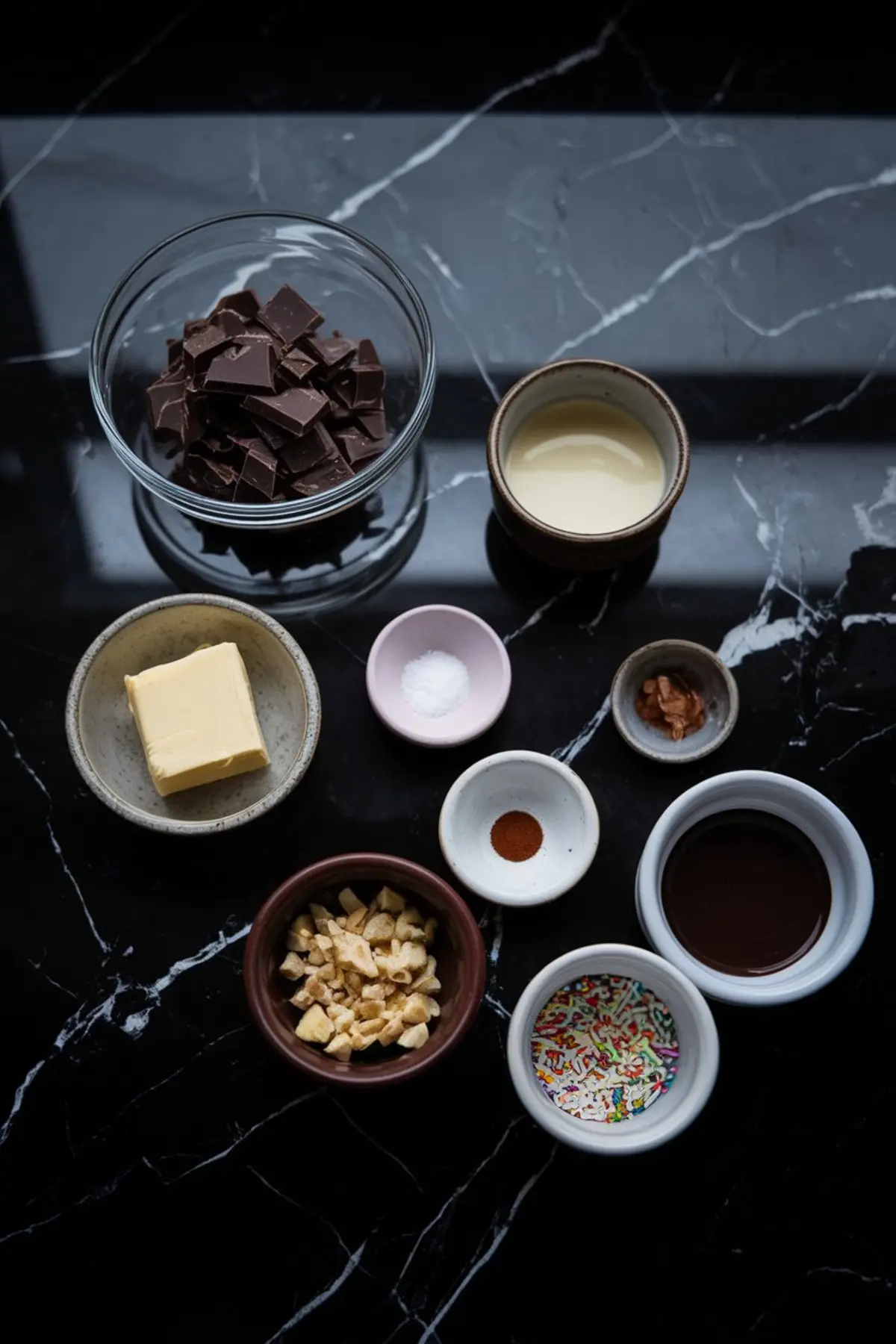 A collection of chocolate truffle ingredients neatly arranged on a dark marble surface. The setup includes chopped chocolate, butter, cream, salt, cinnamon, dried fruit pieces, sprinkles, and cocoa powder in small ceramic bowls, ready for the truffle-making process.