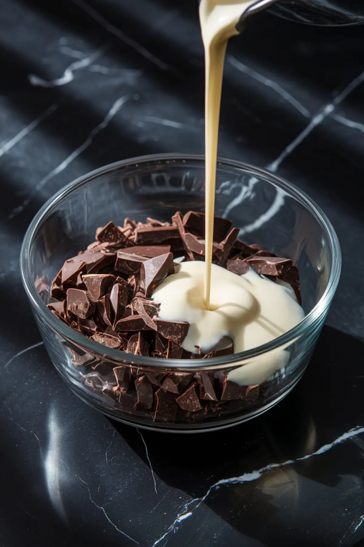 A glass bowl filled with chopped dark chocolate sits on a black marble countertop as a stream of warm cream is poured over it. The light reflects off the chocolate pieces, highlighting their rich texture as they begin to melt.