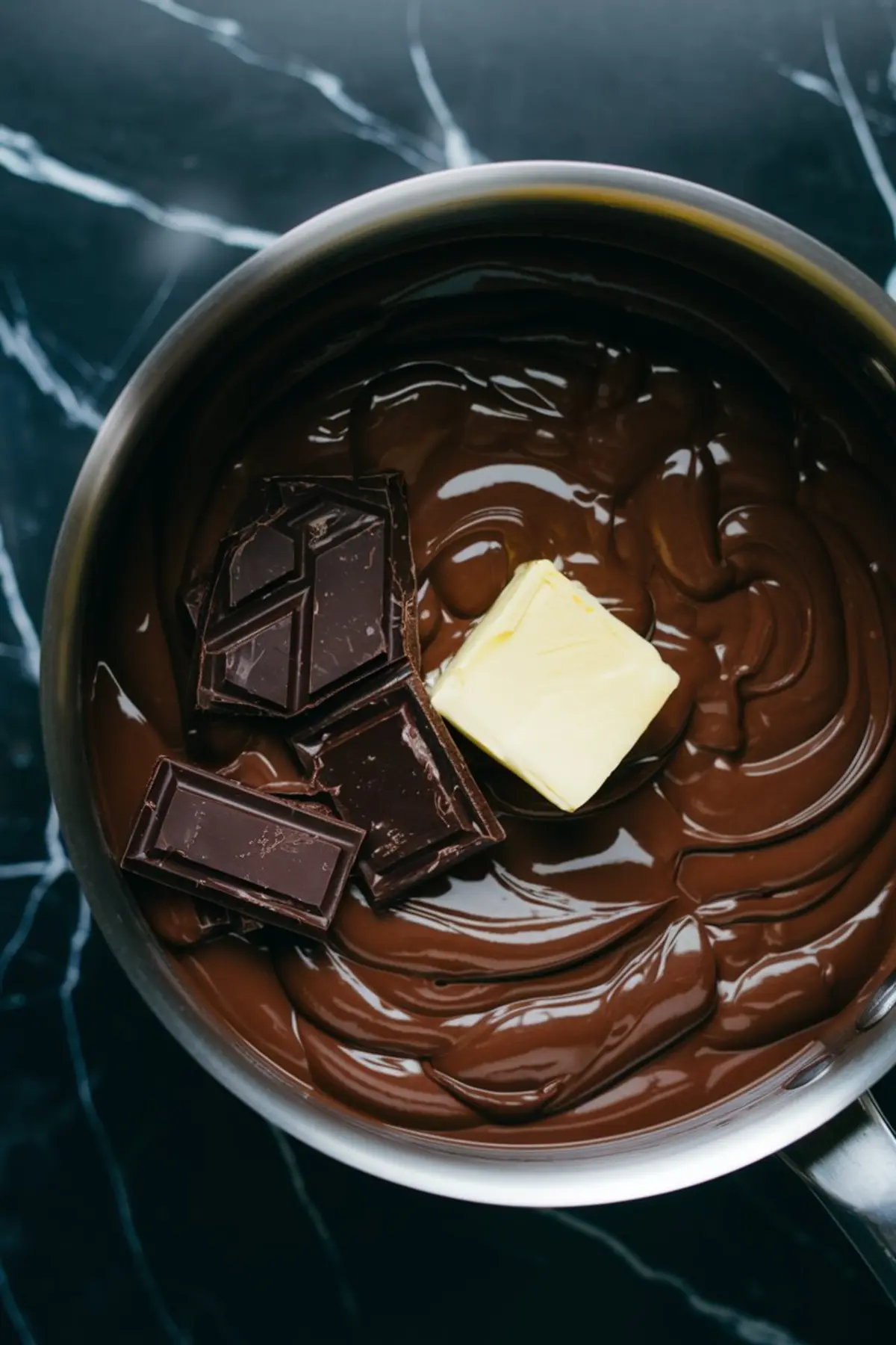 A close-up of a saucepan filled with melted chocolate and butter on a black marble countertop. The glossy chocolate mixture contrasts with the solid butter and chocolate pieces melting into the mixture
