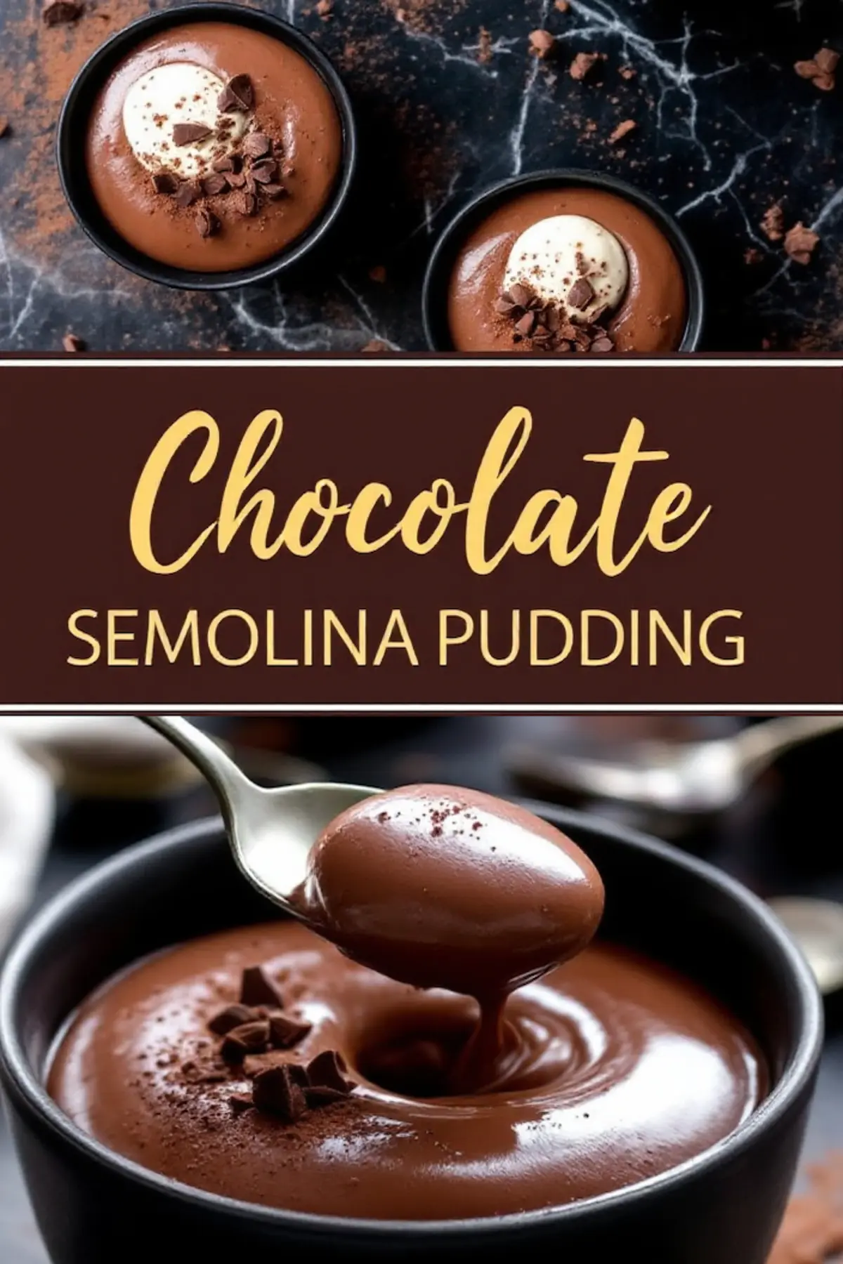 A Pinterest-style collage featuring two images of chocolate semolina pudding. The top image shows two black bowls filled with creamy chocolate pudding, garnished with whipped cream and chocolate shavings. The bottom close-up showcases a spoon lifting a silky spoonful of pudding. The center has bold text reading “Chocolate Semolina Pudding.”