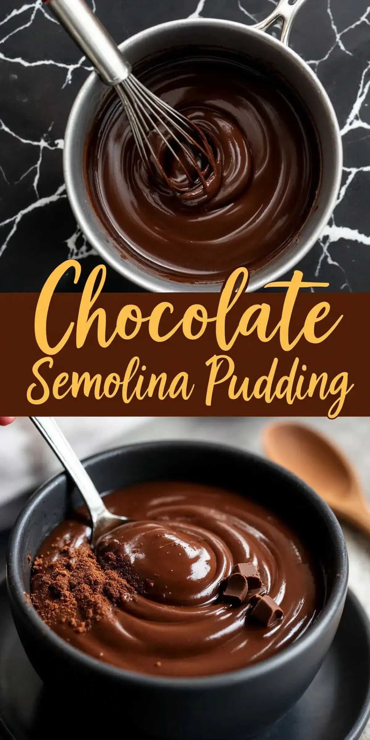 A Pinterest-style collage of chocolate semolina pudding. The top image captures a saucepan with a whisk mixing glossy chocolate pudding. The bottom image highlights a spoon scooping thick, velvety pudding from a black bowl, garnished with chocolate shavings and cocoa powder. The center text reads “Chocolate Semolina Pudding.”