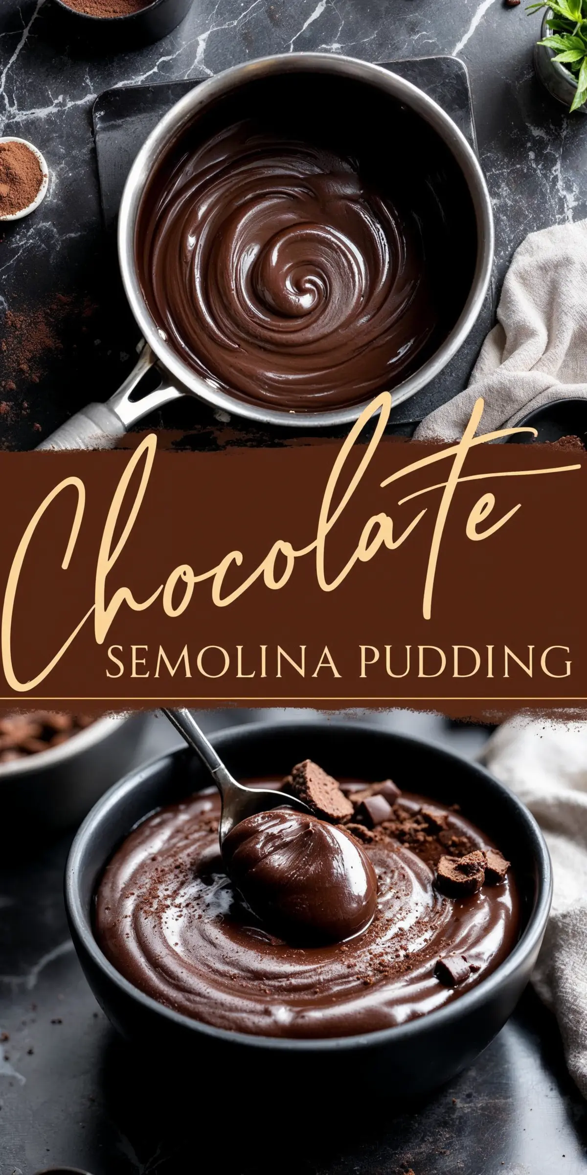 A Pinterest-style collage featuring a saucepan of rich, glossy chocolate pudding at the top. The bottom image is a close-up of a spoon lifting thick, silky pudding from a black bowl, garnished with chocolate shavings and cocoa powder. The text in the center reads “Chocolate Semolina Pudding.”