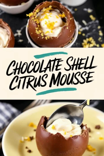 Collage of two images featuring the chocolate shell citrus mousse. The top image showcases multiple chocolate spheres filled with citrus mousse, garnished with orange zest. The bottom image focuses on a spoon lifting a scoop of mousse from the chocolate shell on a yellow plate. The text overlay reads “CHOCOLATE SHELL CITRUS MOUSSE” in a playful, modern font.