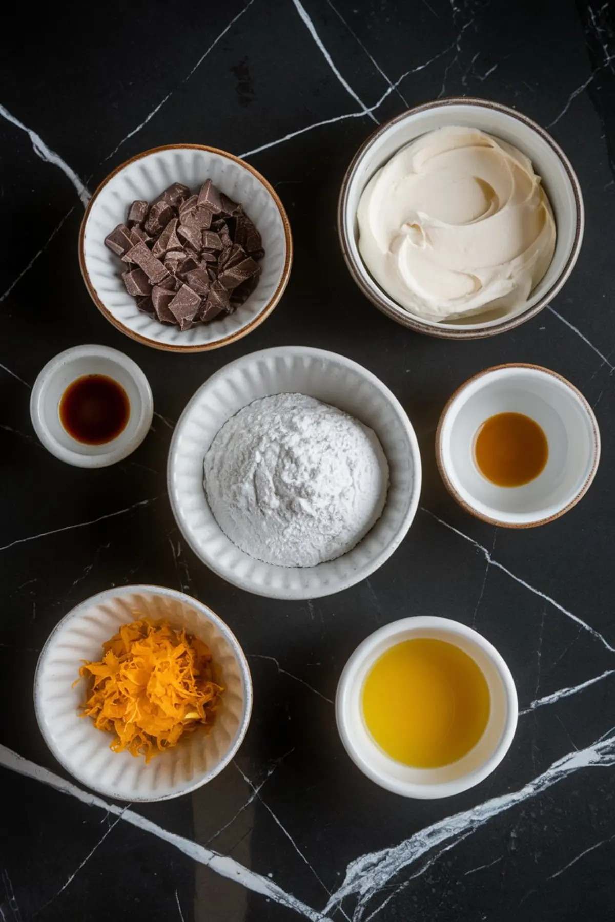Overhead view of dessert ingredients arranged in ceramic bowls on a black marble surface. Ingredients include chopped chocolate, whipped cream, powdered sugar, vanilla extract, orange zest, oil, and citrus juice.