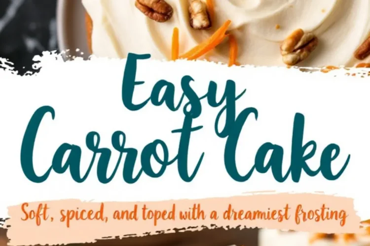 A layered carrot cake with cream cheese frosting, garnished with chopped pecans and shredded carrots. The top view showcases smooth, swirled frosting with scattered toppings, while the bottom half displays a sliced piece revealing moist, spiced cake layers. The text overlay reads “Easy Carrot Cake - Soft, spiced, and topped with a dreamiest frosting.”