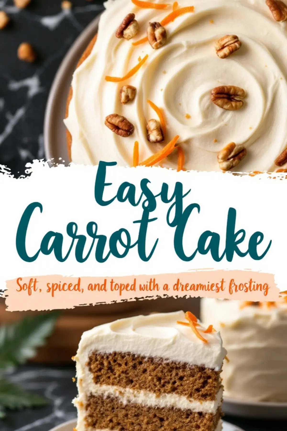 A layered carrot cake with cream cheese frosting, garnished with chopped pecans and shredded carrots. The top view showcases smooth, swirled frosting with scattered toppings, while the bottom half displays a sliced piece revealing moist, spiced cake layers. The text overlay reads “Easy Carrot Cake - Soft, spiced, and topped with a dreamiest frosting.”