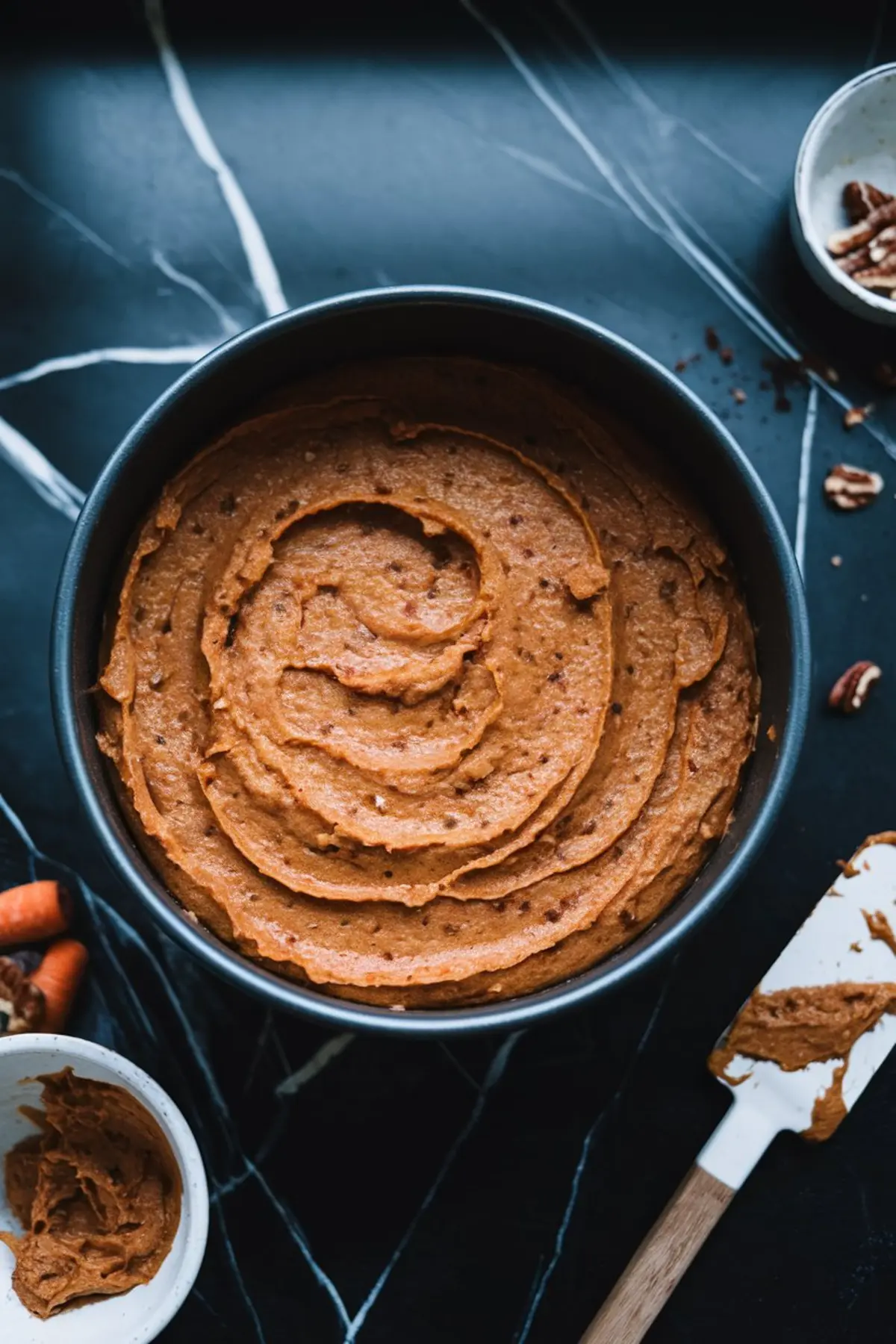 A bowl of freshly mixed carrot cake batter with a smooth, swirled texture. The dark marble background contrasts with the warm brown hue of the batter. A spatula with remnants of batter rests nearby, along with pecans and fresh carrots.