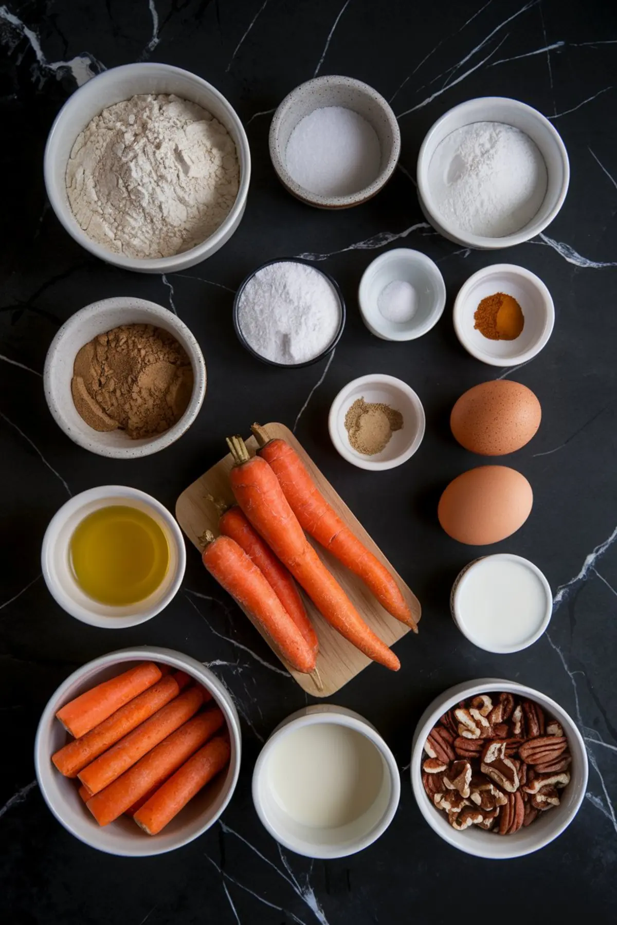 A flat lay of carrot cake ingredients arranged on a black marble surface. Fresh carrots, pecans, eggs, flour, sugar, cinnamon, nutmeg, baking powder, and milk are neatly placed in small bowls, showcasing the essential elements of a homemade carrot cake.