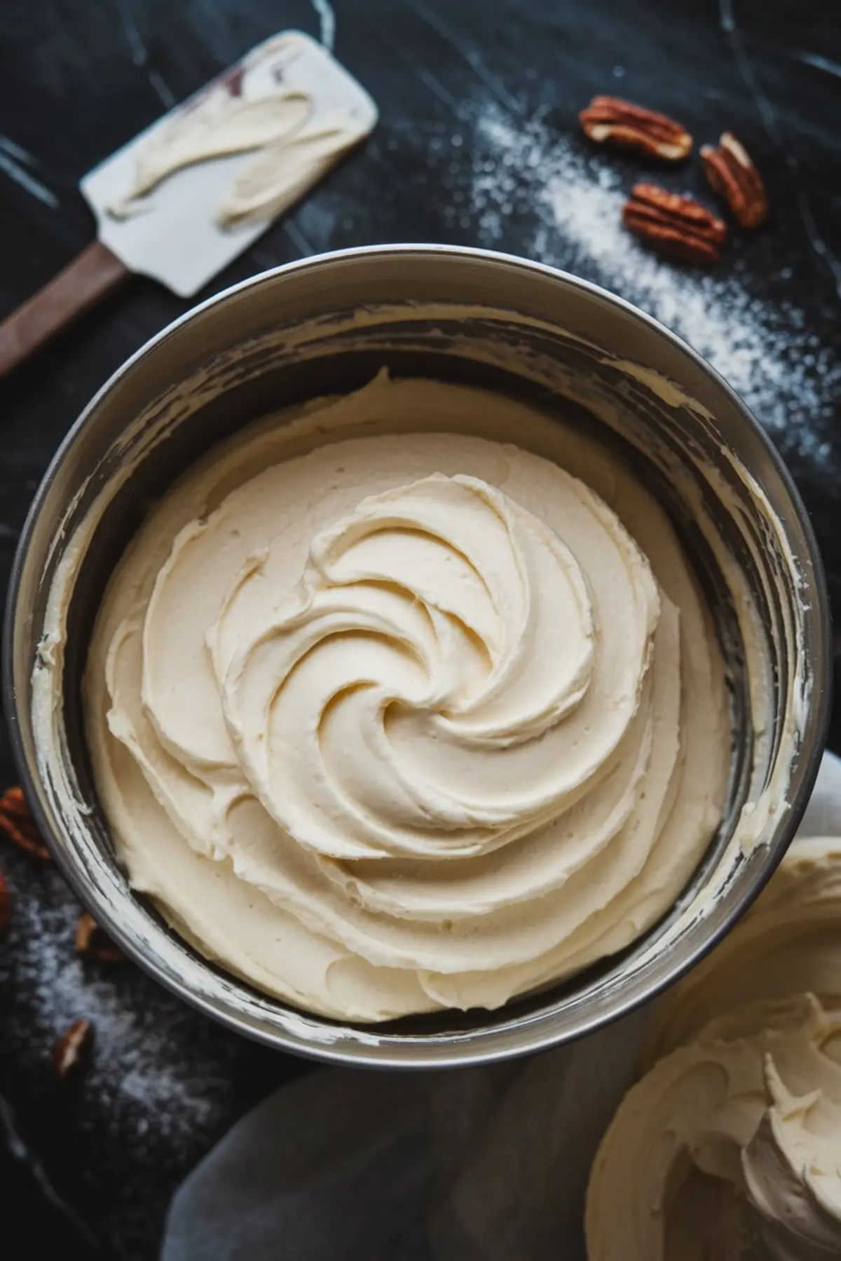 A bowl of creamy, whipped cream cheese frosting with a perfect swirl pattern. The rich texture and pale color contrast with the dark background. Pecans and powdered sugar are scattered nearby, suggesting a freshly made batch ready for cake decorating.