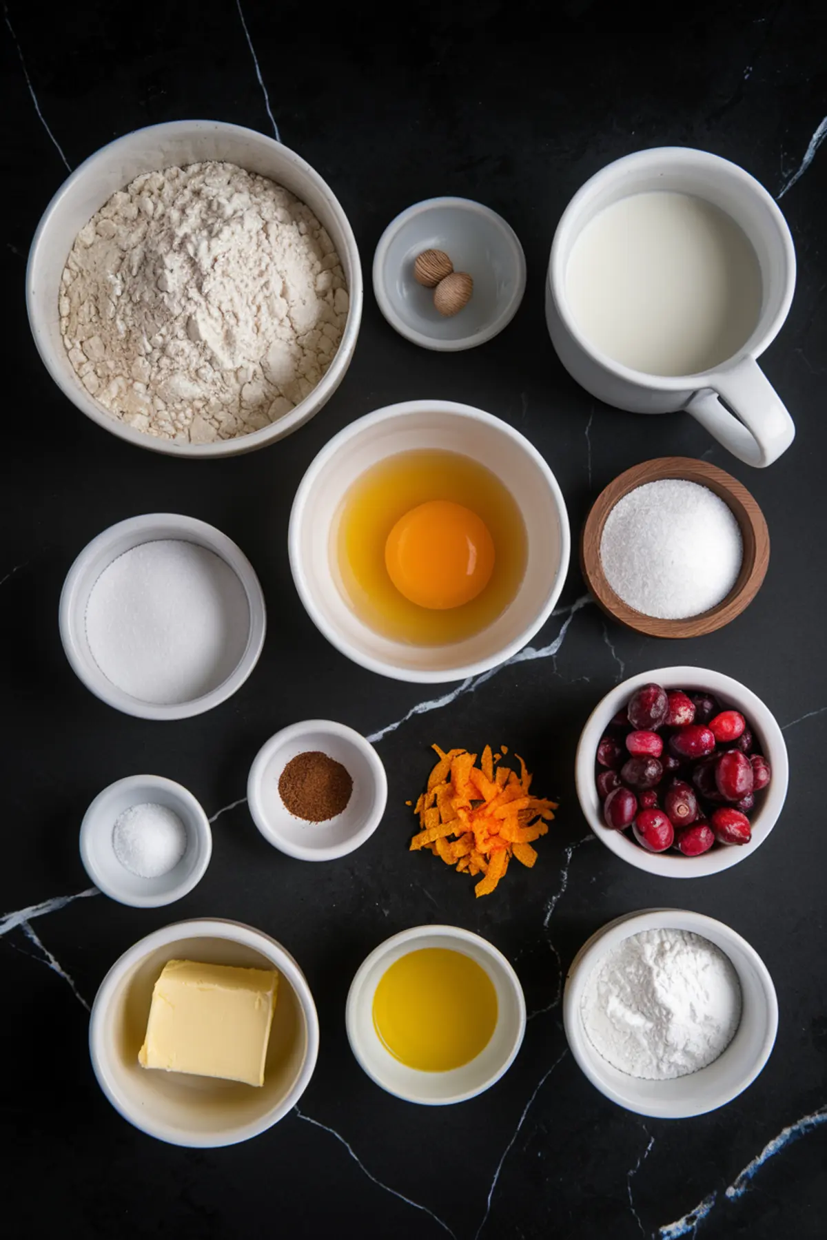 A flat lay of baking ingredients on a black marble surface, including flour, sugar, egg, milk, butter, cinnamon, nutmeg, fresh cranberries, orange zest, and oil, all arranged in small bowls.