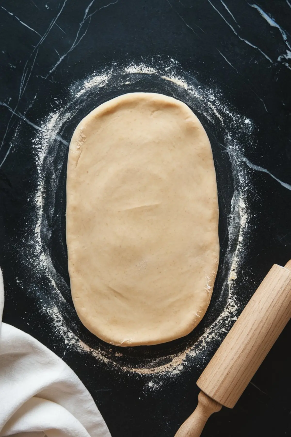 A sheet of dough rolled out on a floured black marble surface, with a wooden rolling pin nearby, ready to be used for making cinnamon rolls.