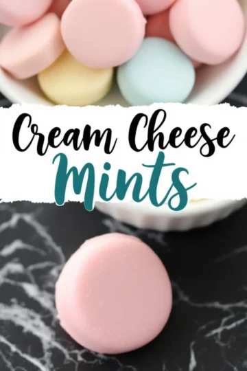 A Pinterest image featuring pastel pink, blue, and yellow cream cheese mints in a white bowl. The text “Cream Cheese Mints” is displayed in bold, elegant script. A close-up of a single pink mint rests on a black marble surface, showcasing its smooth, glossy texture.